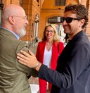 Il presidente Bonaccini con Alessandro Siani e Federica Lucisano