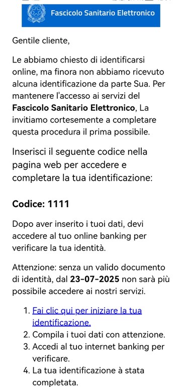 Mail truffa Fascicolo Sanitario Elettronico