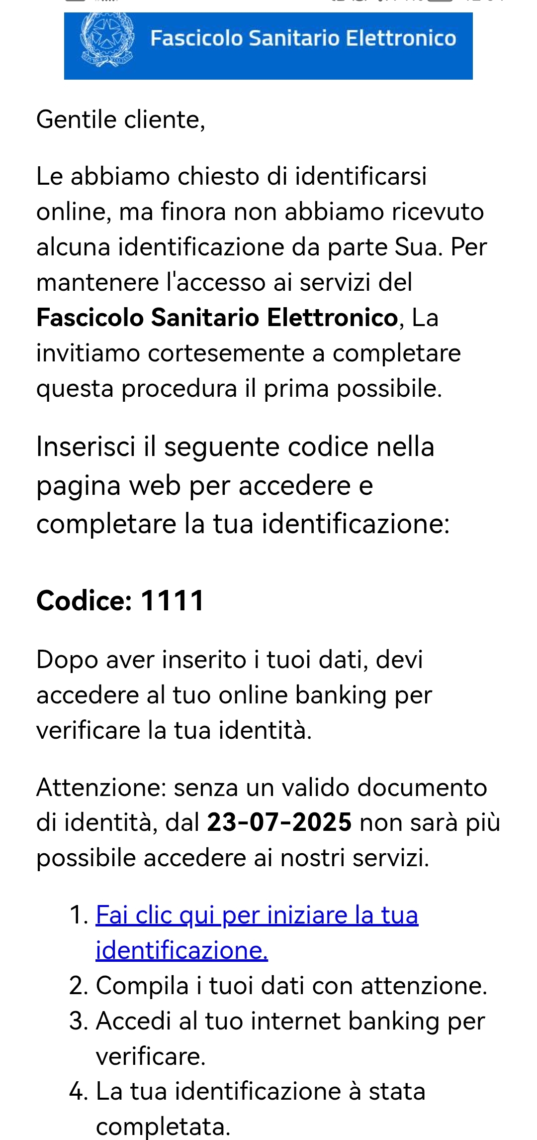 Mail truffa Fascicolo Sanitario Elettronico
